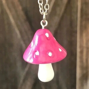 Dark Pink & White Big Psychedelic Cartoon Mushroom Necklace